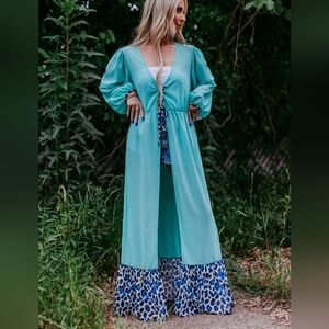 NWT Western Turquoise Cardigan Duster Dress with Leopard Print Ruffle Hem